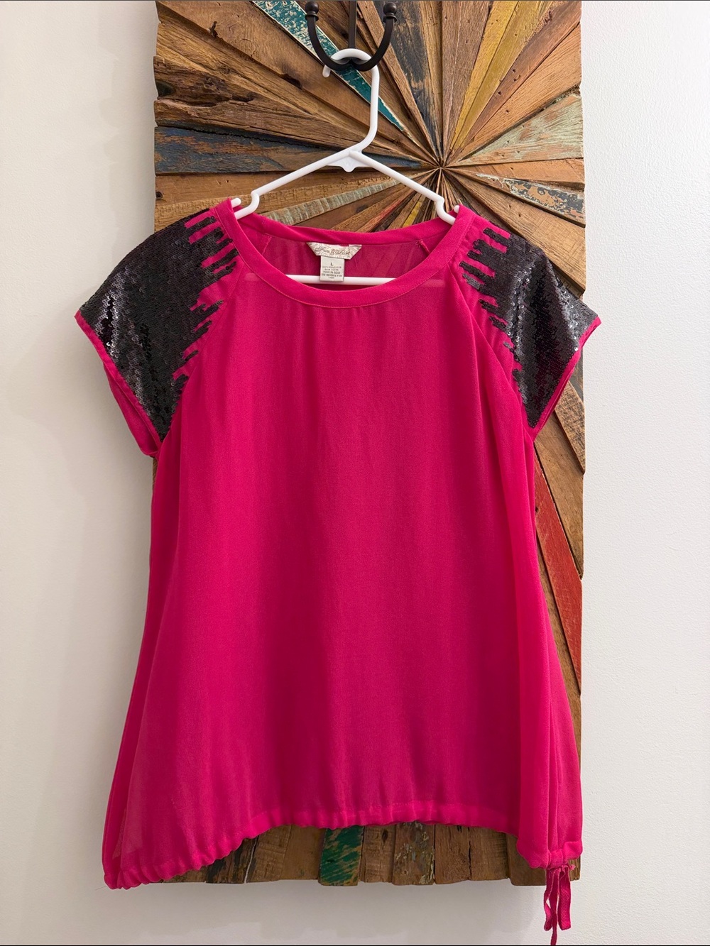 Fun & Flirt Fuchsia Short Sleeve Blouse with Black Sequin Shoulders